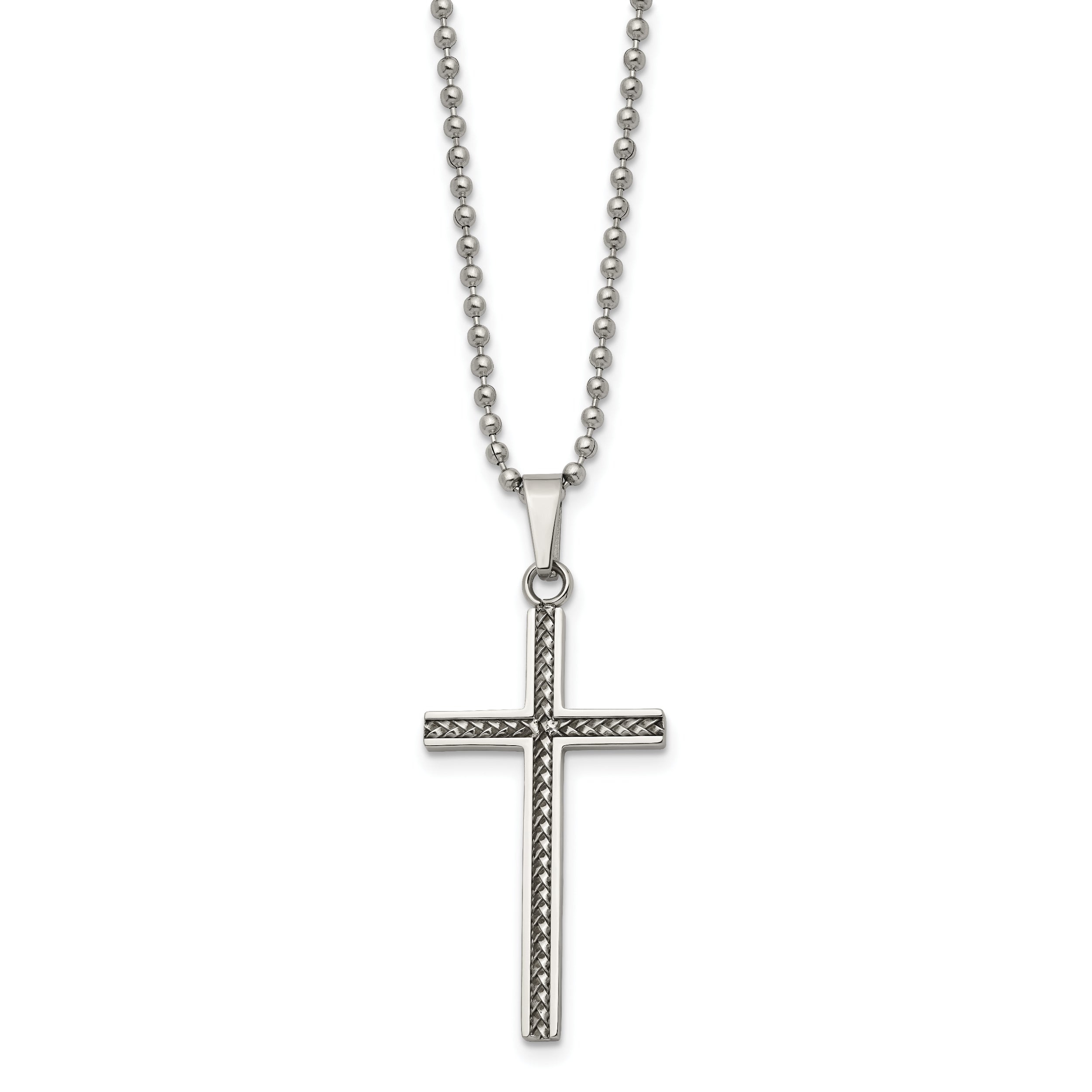 Chisel Stainless Steel Polished and Textured Braided Design Cross Pendant on a 20 inch Ball Chain Necklace