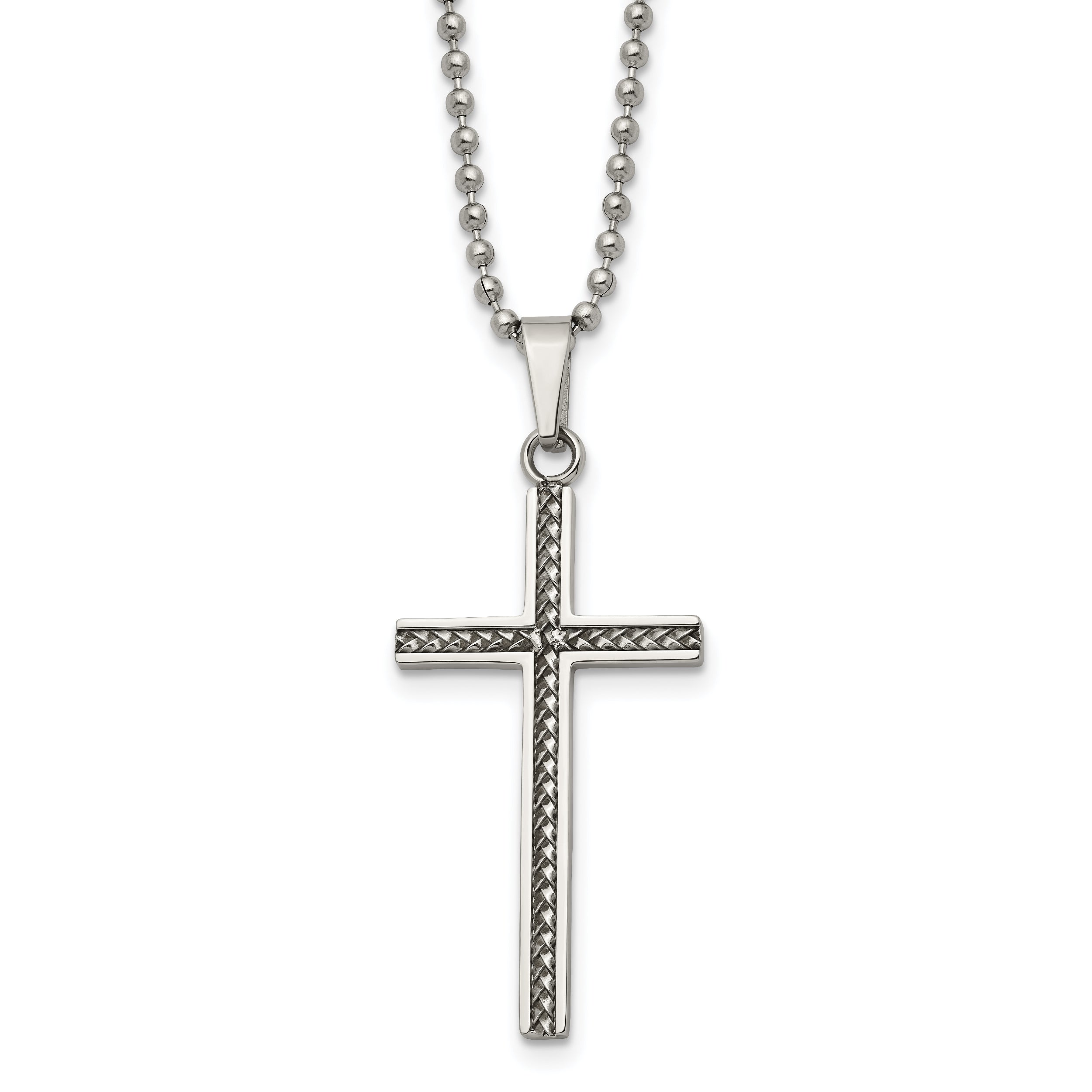 Chisel Stainless Steel Polished and Textured Braided Design Cross Pendant on a 20 inch Ball Chain Necklace