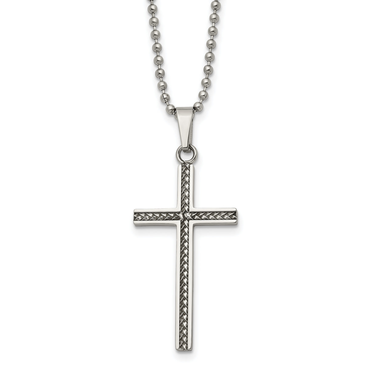 Chisel Stainless Steel Polished and Textured Braided Design Cross Pendant on a 20 inch Ball Chain Necklace