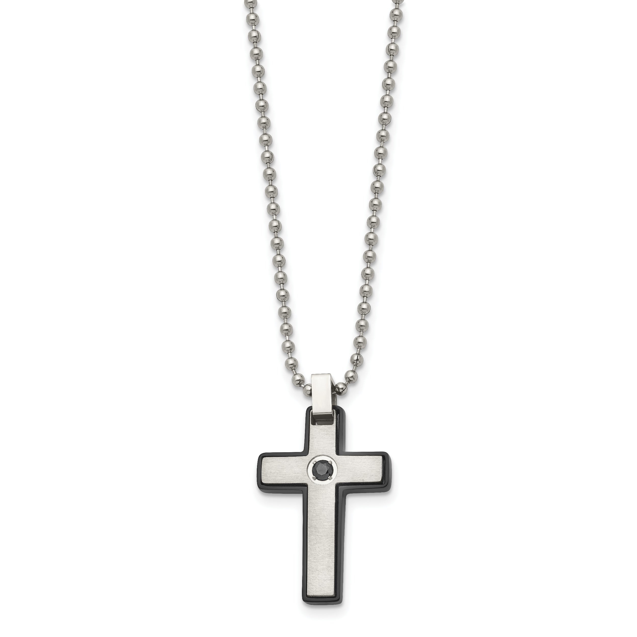 Chisel Stainless Steel Brushed and Polished Black IP-plated CZ Cross Pendant on a 20 inch Ball Chain Necklace