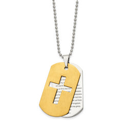 Chisel Stainless Steel Brushed and Polished Yellow IP-plated 2 Piece Prayer Cross Dog Tag on a 22 inch Ball Chain Necklace