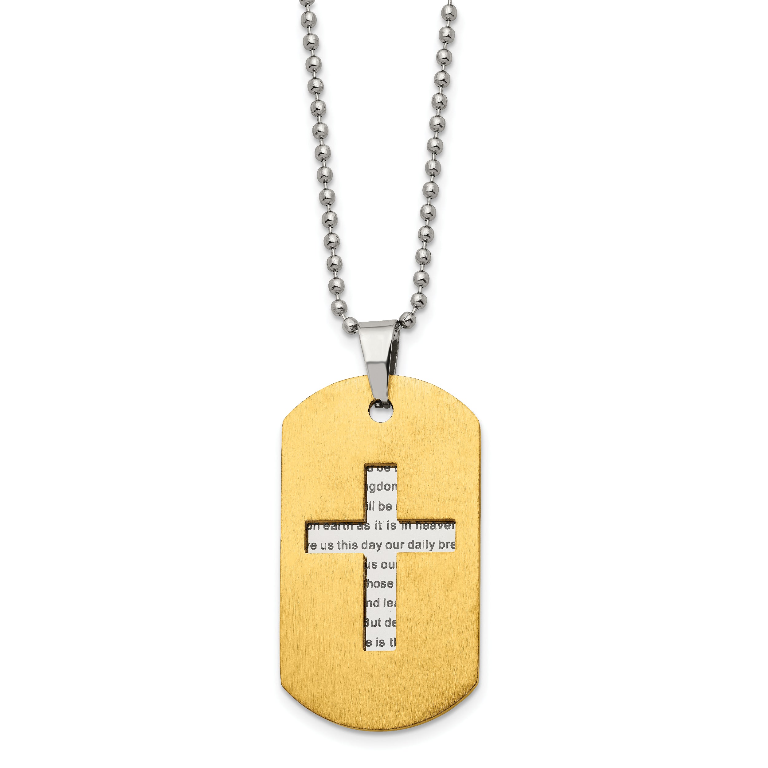 Chisel Stainless Steel Brushed and Polished Yellow IP-plated 2 Piece Prayer Cross Dog Tag on a 22 inch Ball Chain Necklace