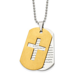 Chisel Stainless Steel Brushed and Polished Yellow IP-plated 2 Piece Prayer Cross Dog Tag on a 22 inch Ball Chain Necklace