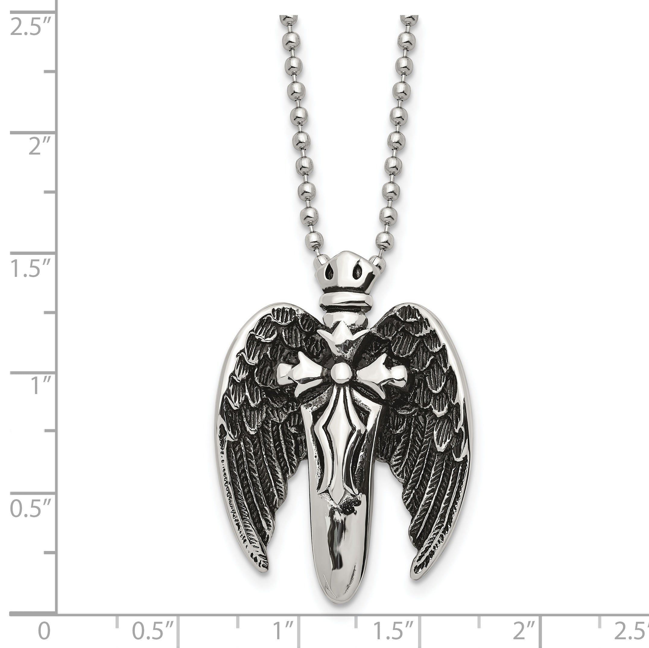 Chisel Stainless Steel Antiqued Brushed and Polished Winged Sword Pendant on a 22 inch Ball Chain Necklace