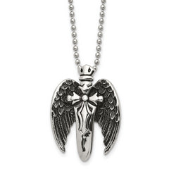 Chisel Stainless Steel Antiqued Brushed and Polished Winged Sword Pendant on a 22 inch Ball Chain Necklace