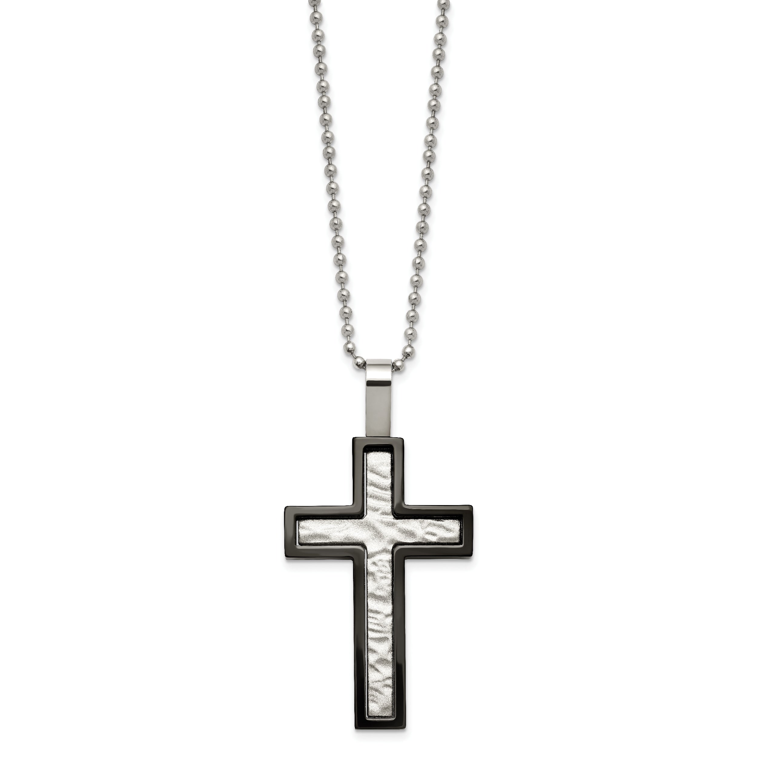 Chisel Stainless Steel Brushed and Polished Hammered Black IP-plated Cross Pendant on a 24 inch Ball Chain Necklace