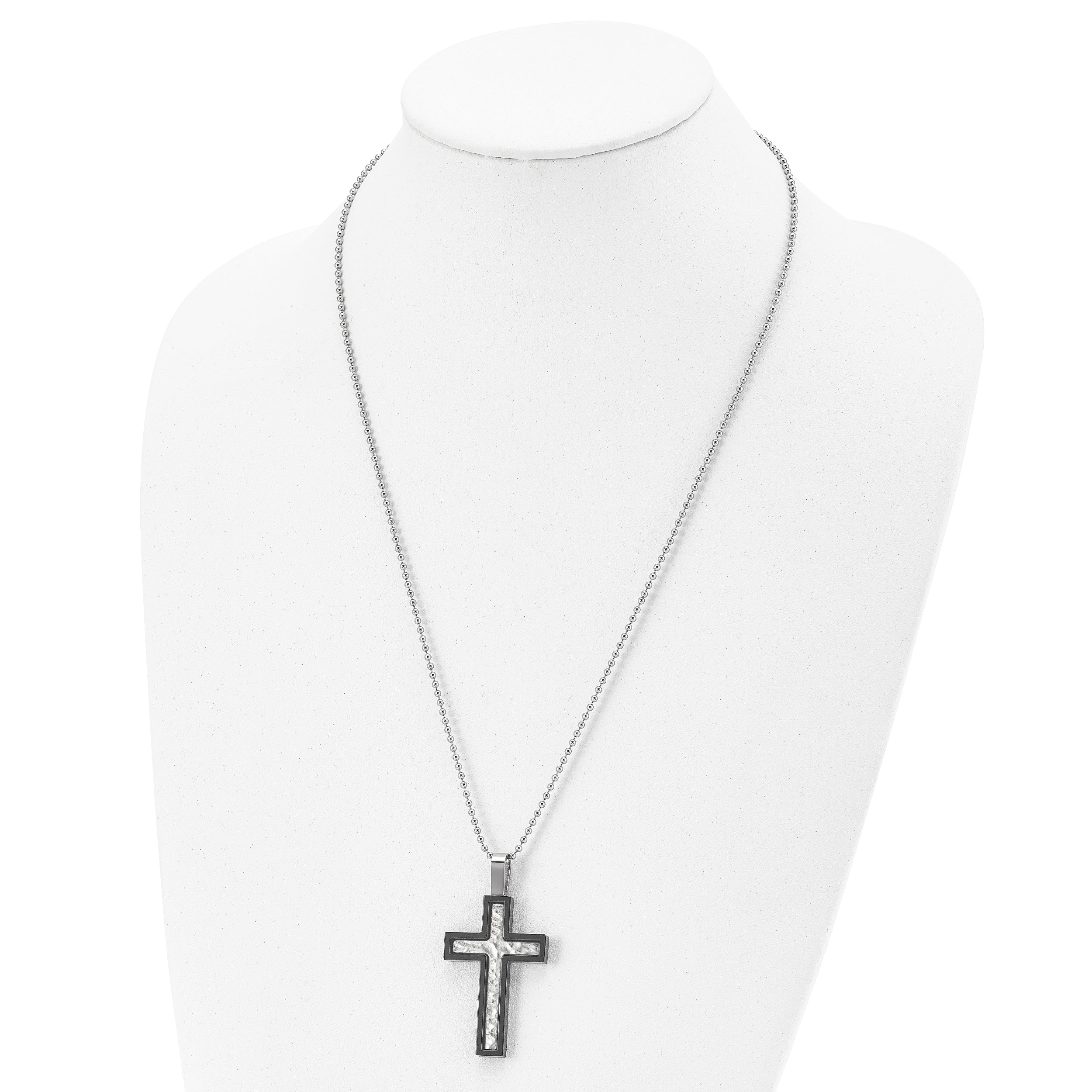 Chisel Stainless Steel Brushed and Polished Hammered Black IP-plated Cross Pendant on a 24 inch Ball Chain Necklace