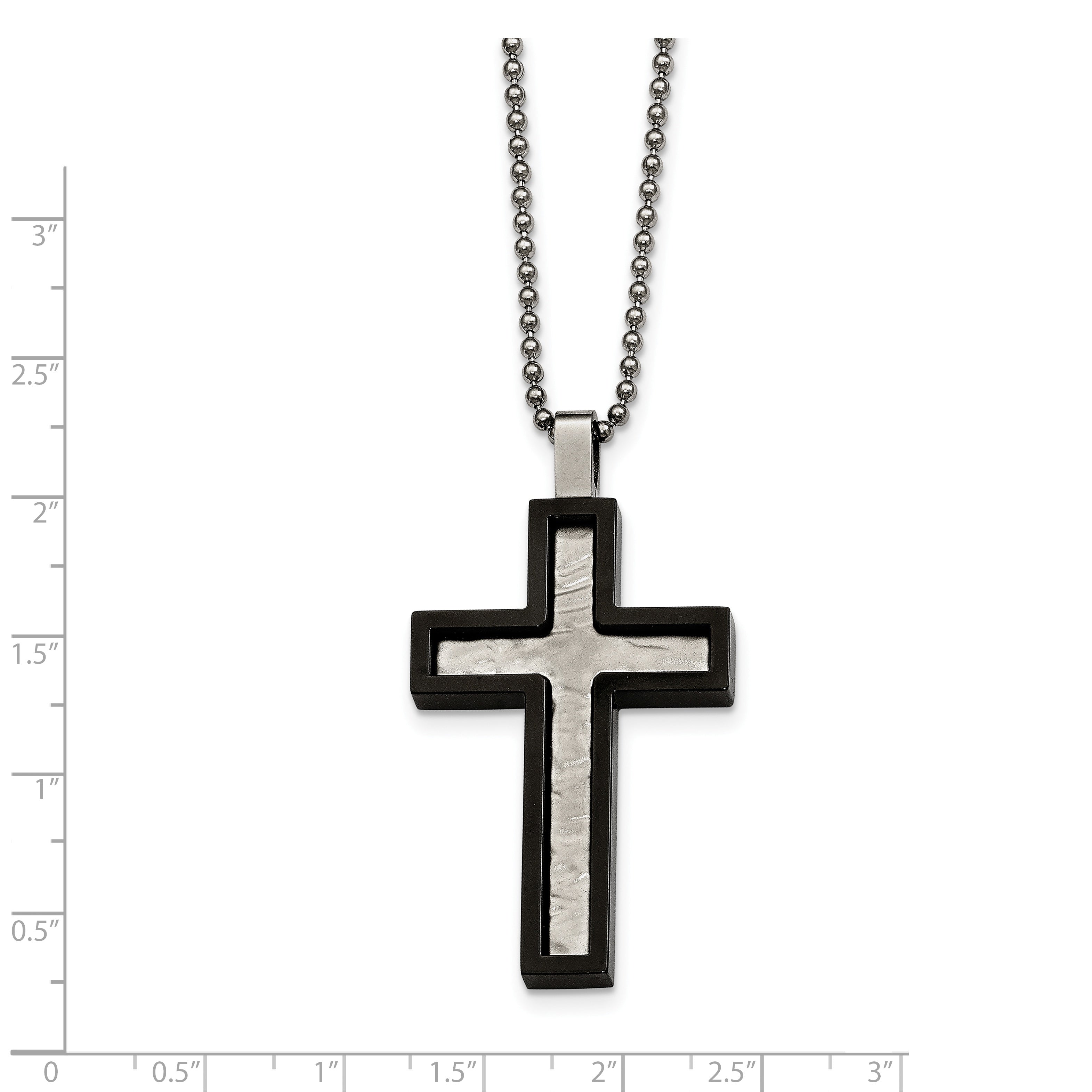 Chisel Stainless Steel Brushed and Polished Hammered Black IP-plated Cross Pendant on a 24 inch Ball Chain Necklace