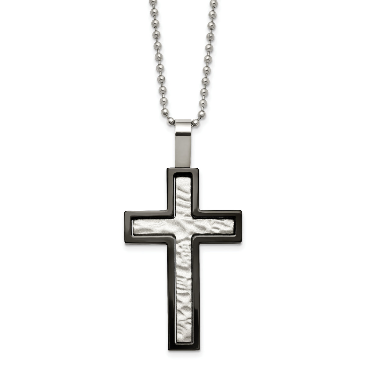 Chisel Stainless Steel Brushed and Polished Hammered Black IP-plated Cross Pendant on a 24 inch Ball Chain Necklace