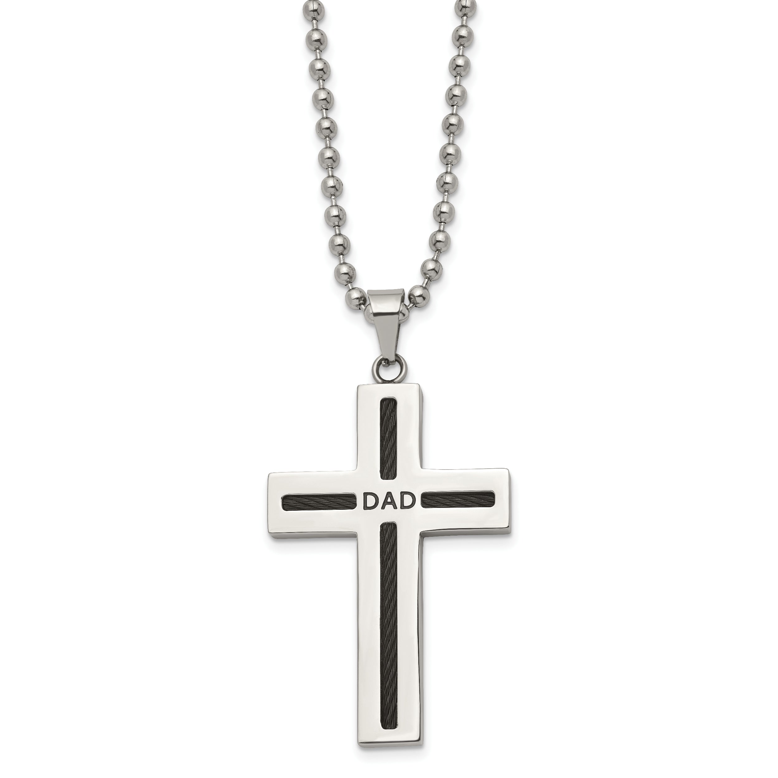 Chisel Stainless Steel Polished Black IP-plated Cable DAD Cross Pendant on a 24 inch Ball Chain Necklace