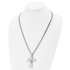 Chisel Stainless Steel Brushed and Polished Yellow IP-plated Crucifix Pendant on a 24 inch Curb Chain Necklace