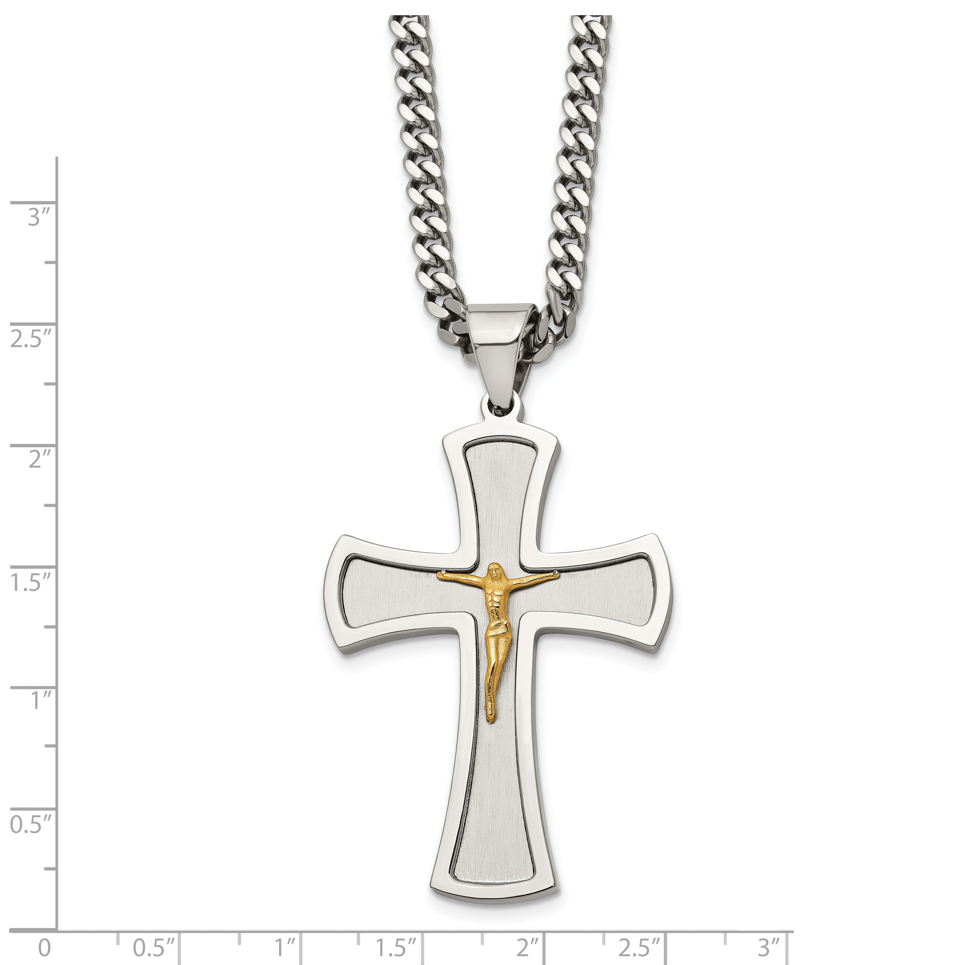 Chisel Stainless Steel Brushed and Polished Yellow IP-plated Crucifix Pendant on a 24 inch Curb Chain Necklace