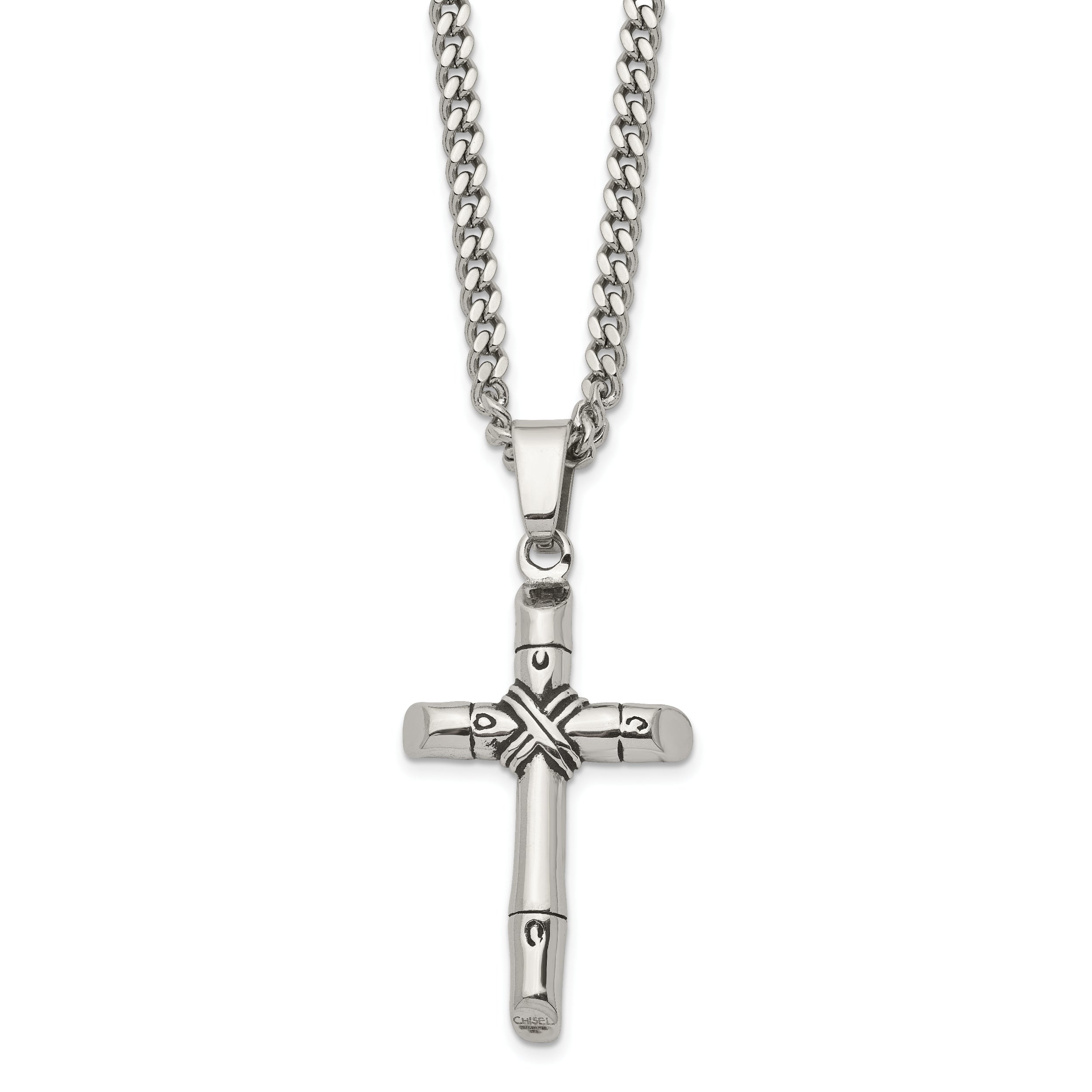 Chisel Stainless Steel Antiqued and Polished Reversible Cross Pendant on a 24 inch Curb Chain Necklace