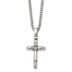 Chisel Stainless Steel Antiqued and Polished Reversible Cross Pendant on a 24 inch Curb Chain Necklace