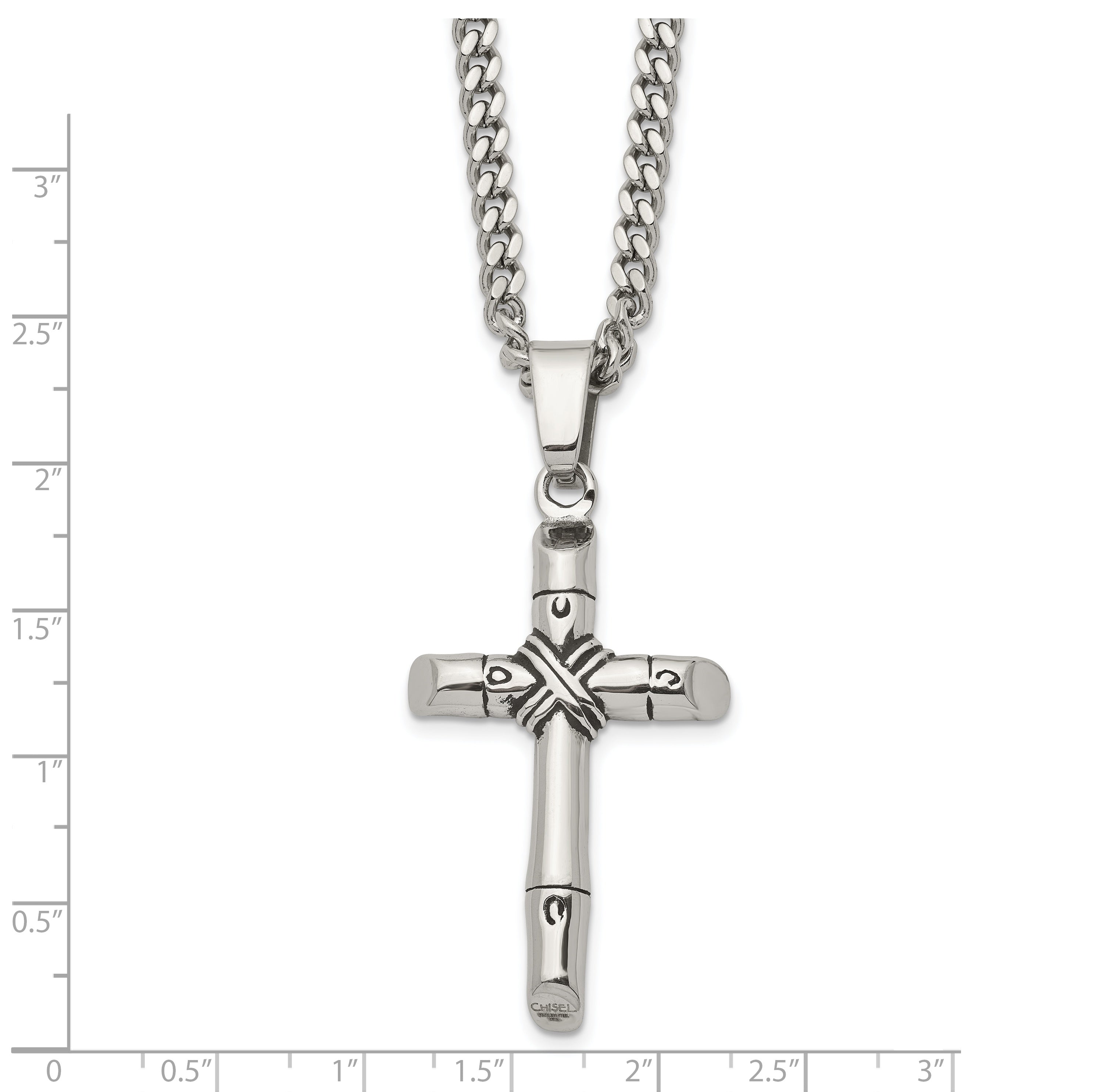 Chisel Stainless Steel Antiqued and Polished Reversible Cross Pendant on a 24 inch Curb Chain Necklace