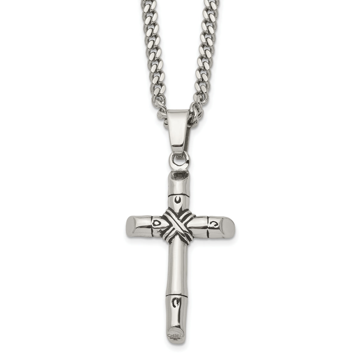 Chisel Stainless Steel Antiqued and Polished Reversible Cross Pendant on a 24 inch Curb Chain Necklace