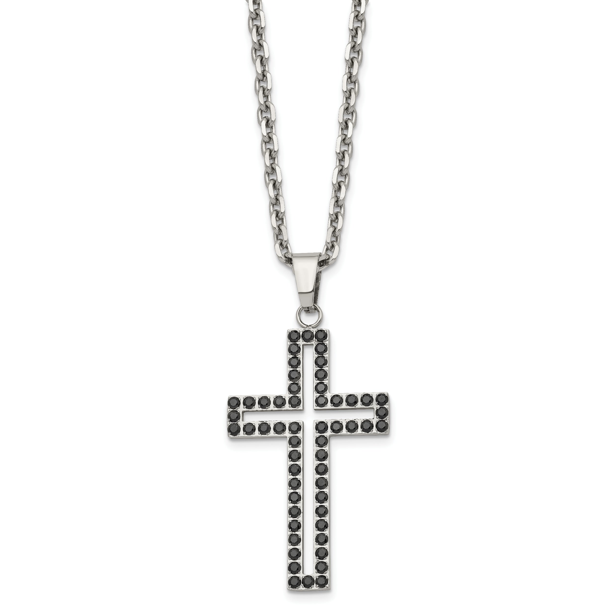 Chisel Stainless Steel Polished Black CZ Cutout Cross Pendant on a 20 inch Cable Chain Necklace