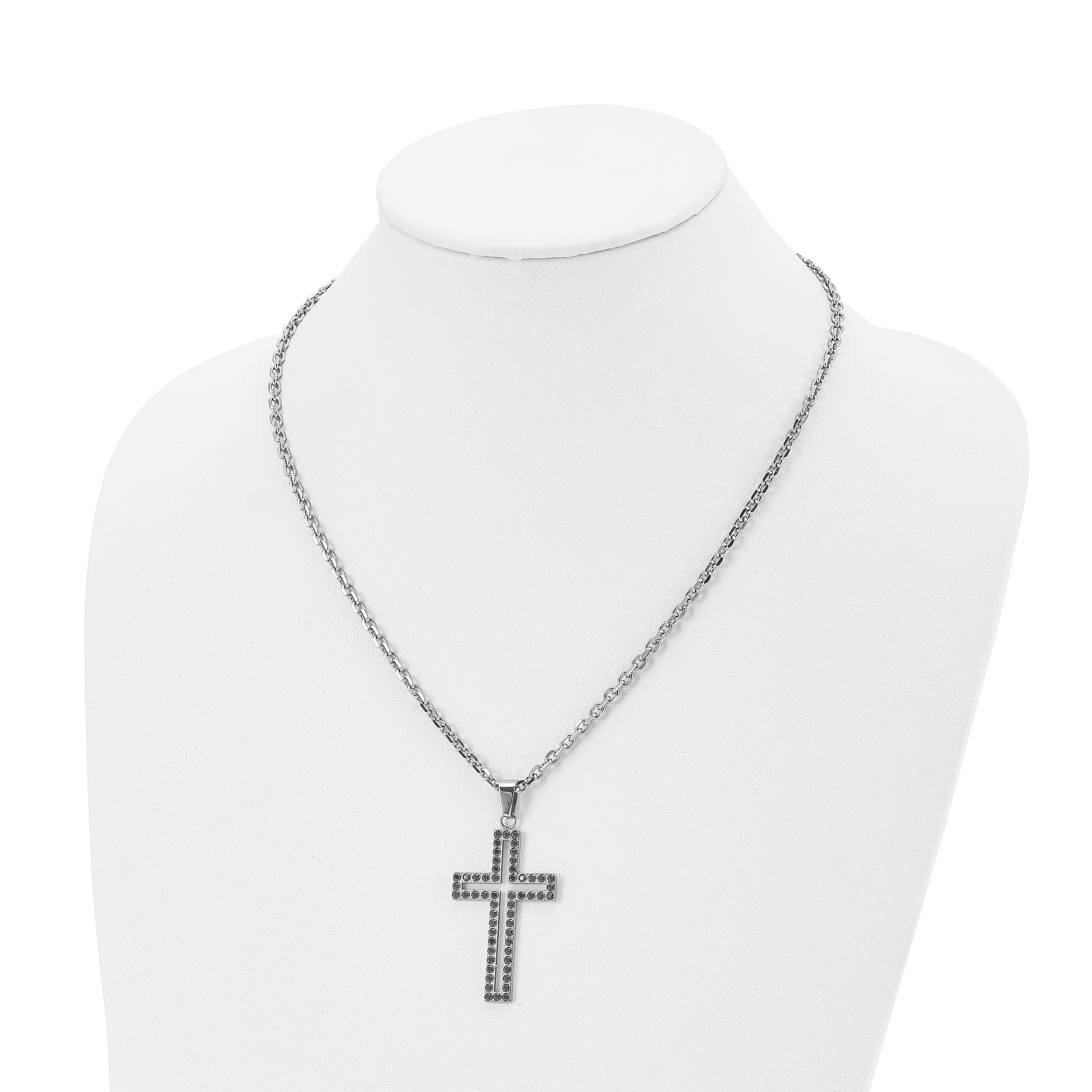 Chisel Stainless Steel Polished Black CZ Cutout Cross Pendant on a 20 inch Cable Chain Necklace