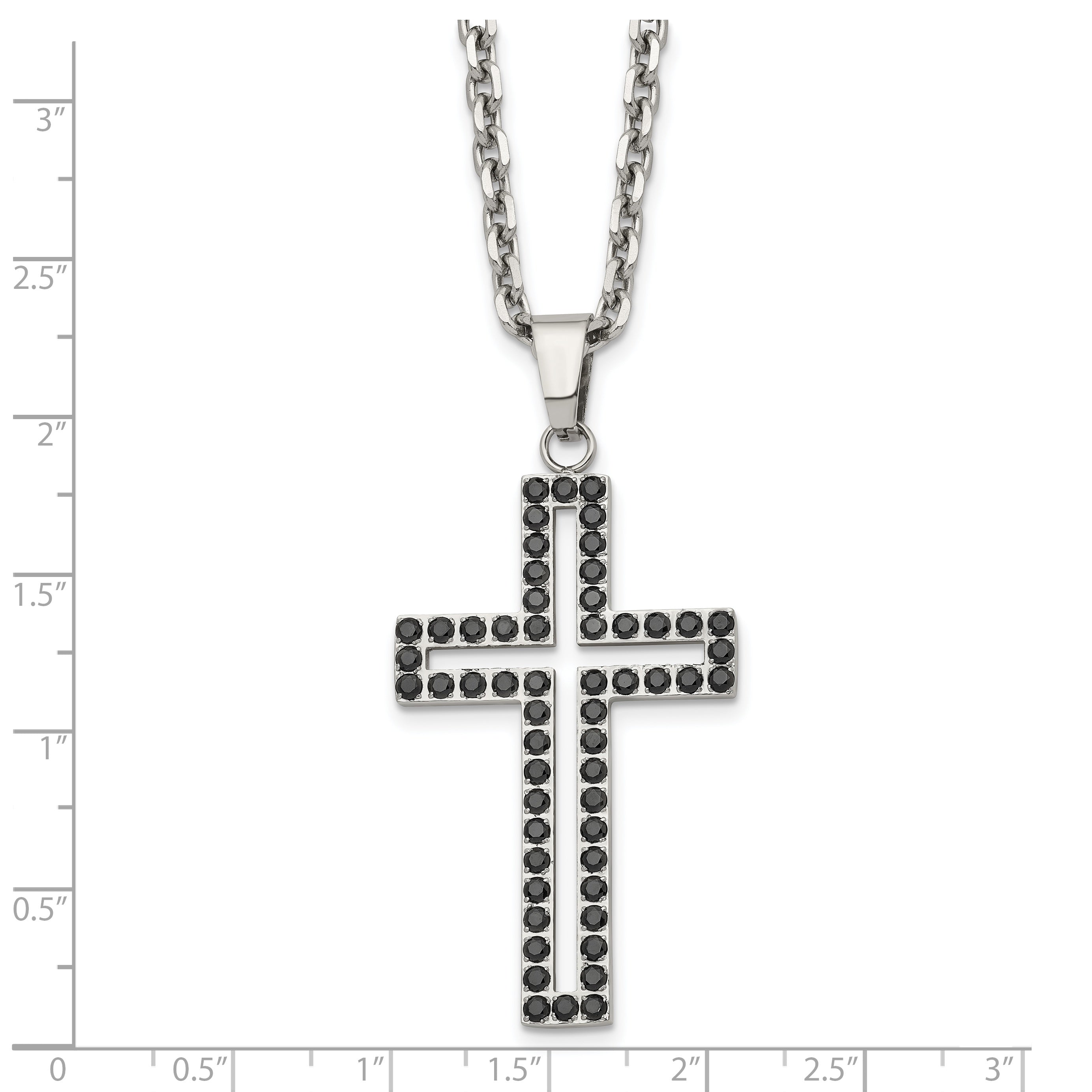 Chisel Stainless Steel Polished Black CZ Cutout Cross Pendant on a 20 inch Cable Chain Necklace