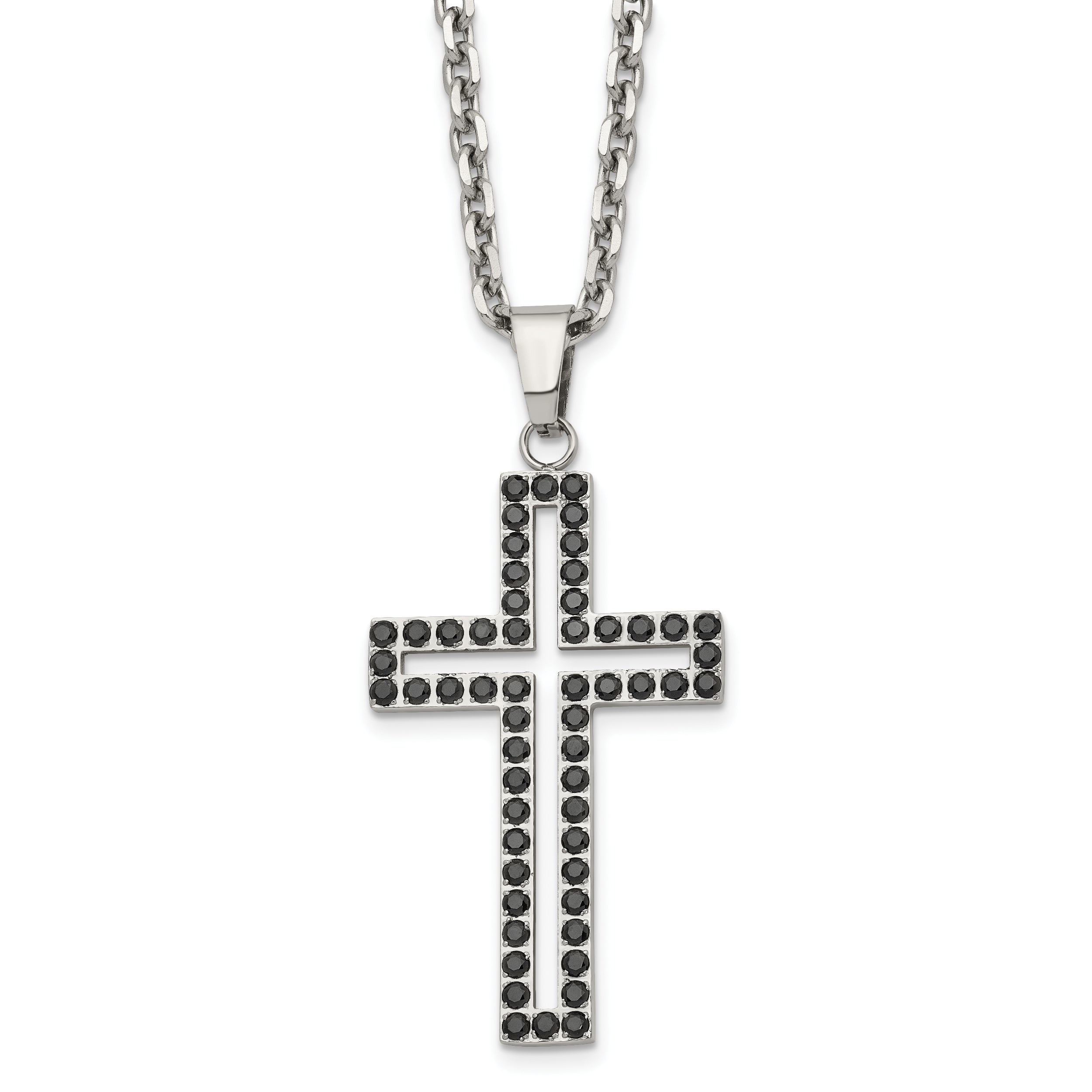 Chisel Stainless Steel Polished Black CZ Cutout Cross Pendant on a 20 inch Cable Chain Necklace