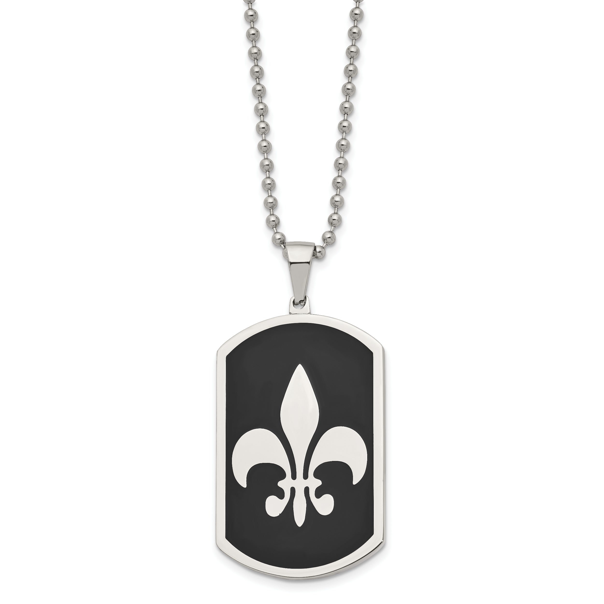 Chisel Stainless Steel Polished Black IP-plated Fleur de lis Dog Tag on a 24 inch Ball Chain Necklace