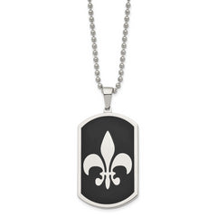 Chisel Stainless Steel Polished Black IP-plated Fleur de lis Dog Tag on a 24 inch Ball Chain Necklace