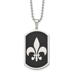 Chisel Stainless Steel Polished Black IP-plated Fleur de lis Dog Tag on a 24 inch Ball Chain Necklace