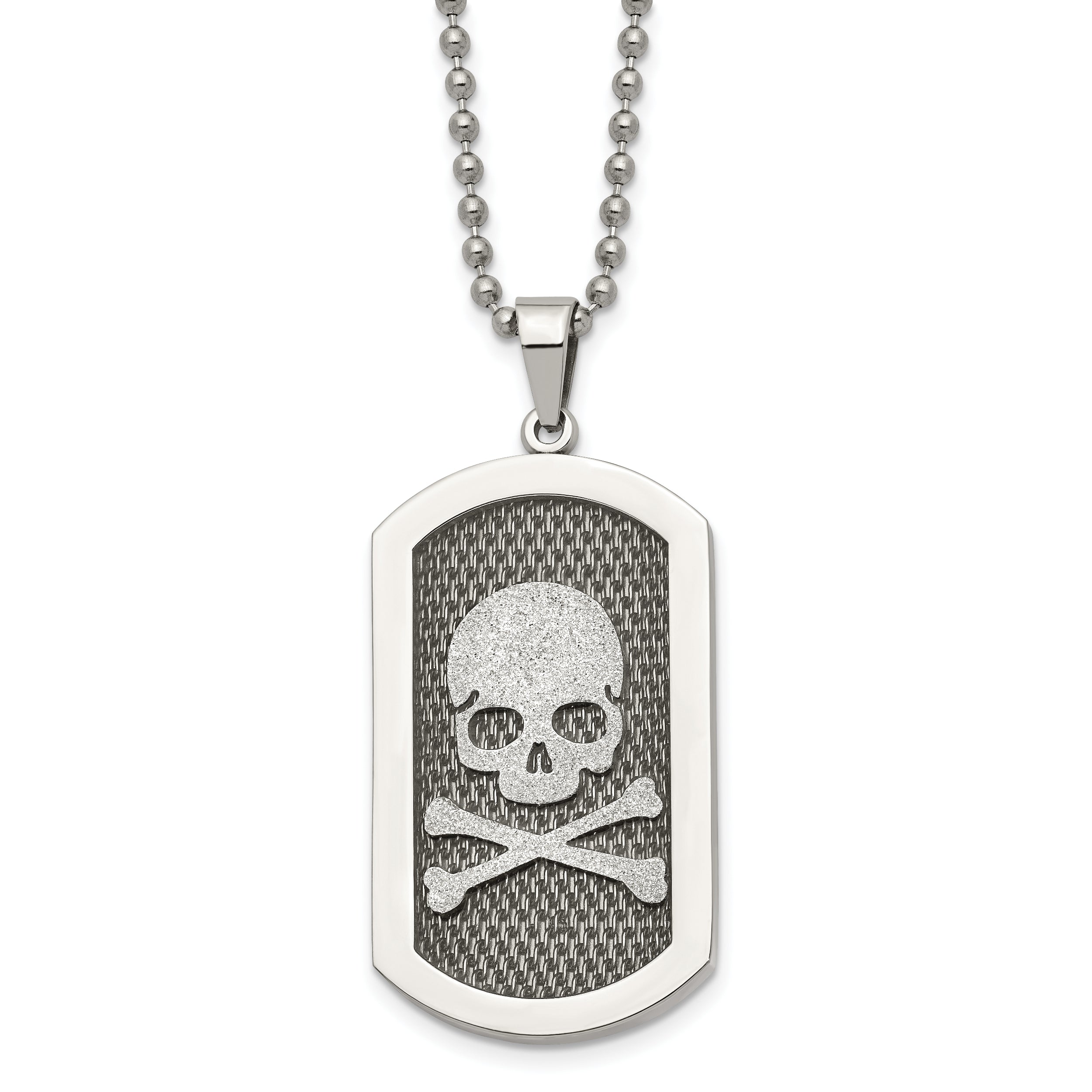 Chisel Stainless Steel Brushed and Polished Laser Cut Skull and Crossbones Dog Tag on a 24 inch Ball Chain Necklace