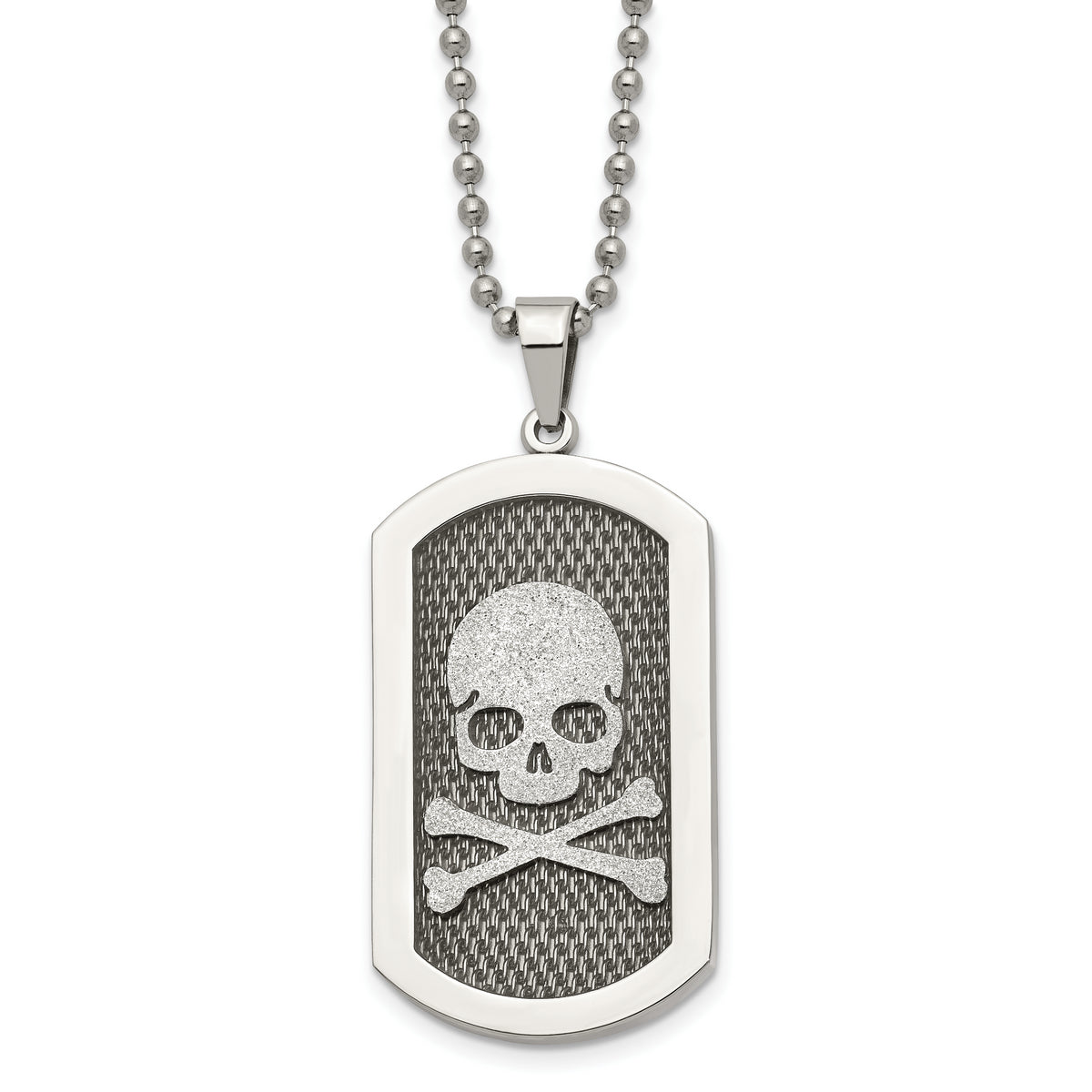 Chisel Stainless Steel Brushed and Polished Laser Cut Skull and Crossbones Dog Tag on a 24 inch Ball Chain Necklace