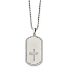 Chisel Stainless Steel Brushed Laser Cut Edges and Cross Dog Tag on a 24 inch Rope Chain Necklace