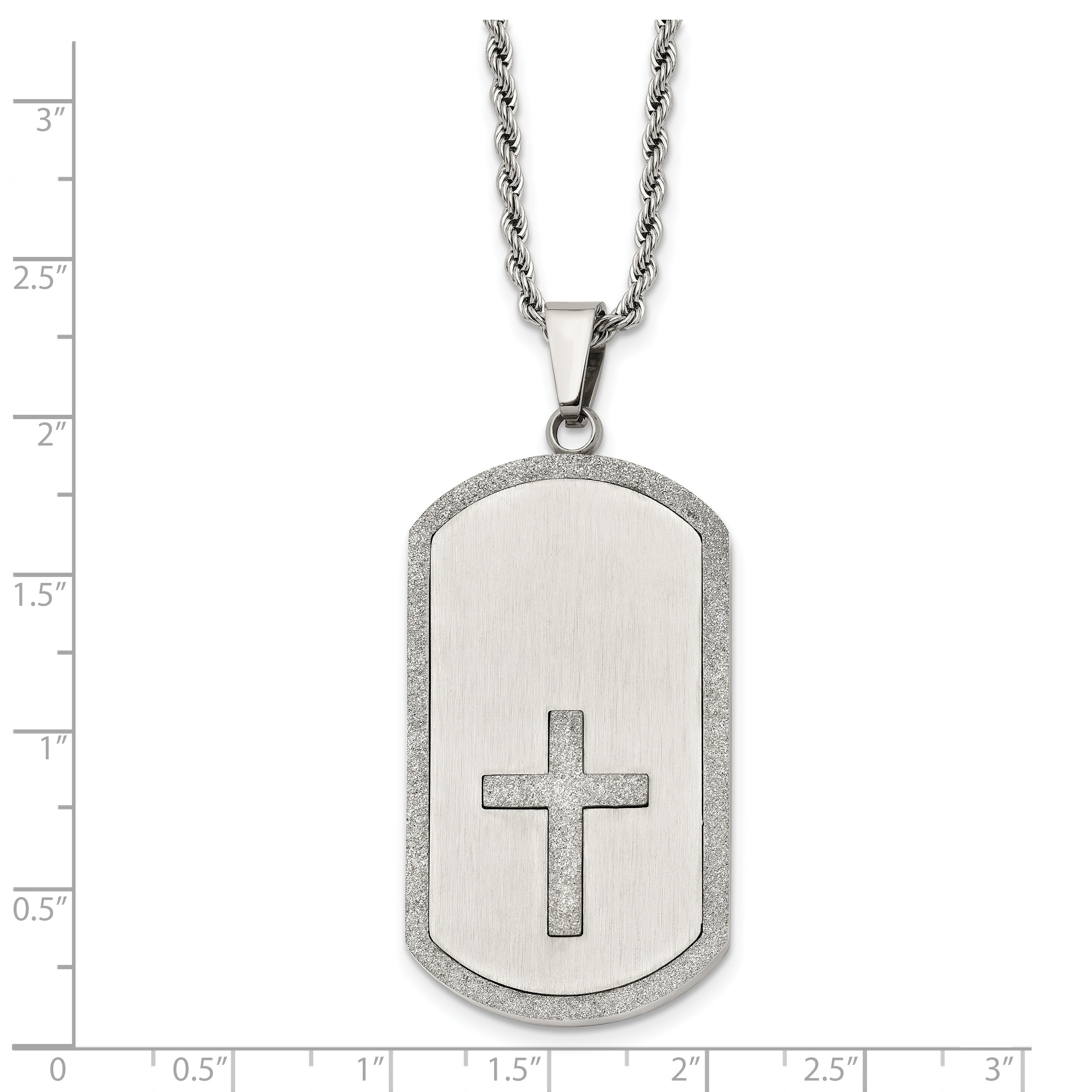 Chisel Stainless Steel Brushed Laser Cut Edges and Cross Dog Tag on a 24 inch Rope Chain Necklace