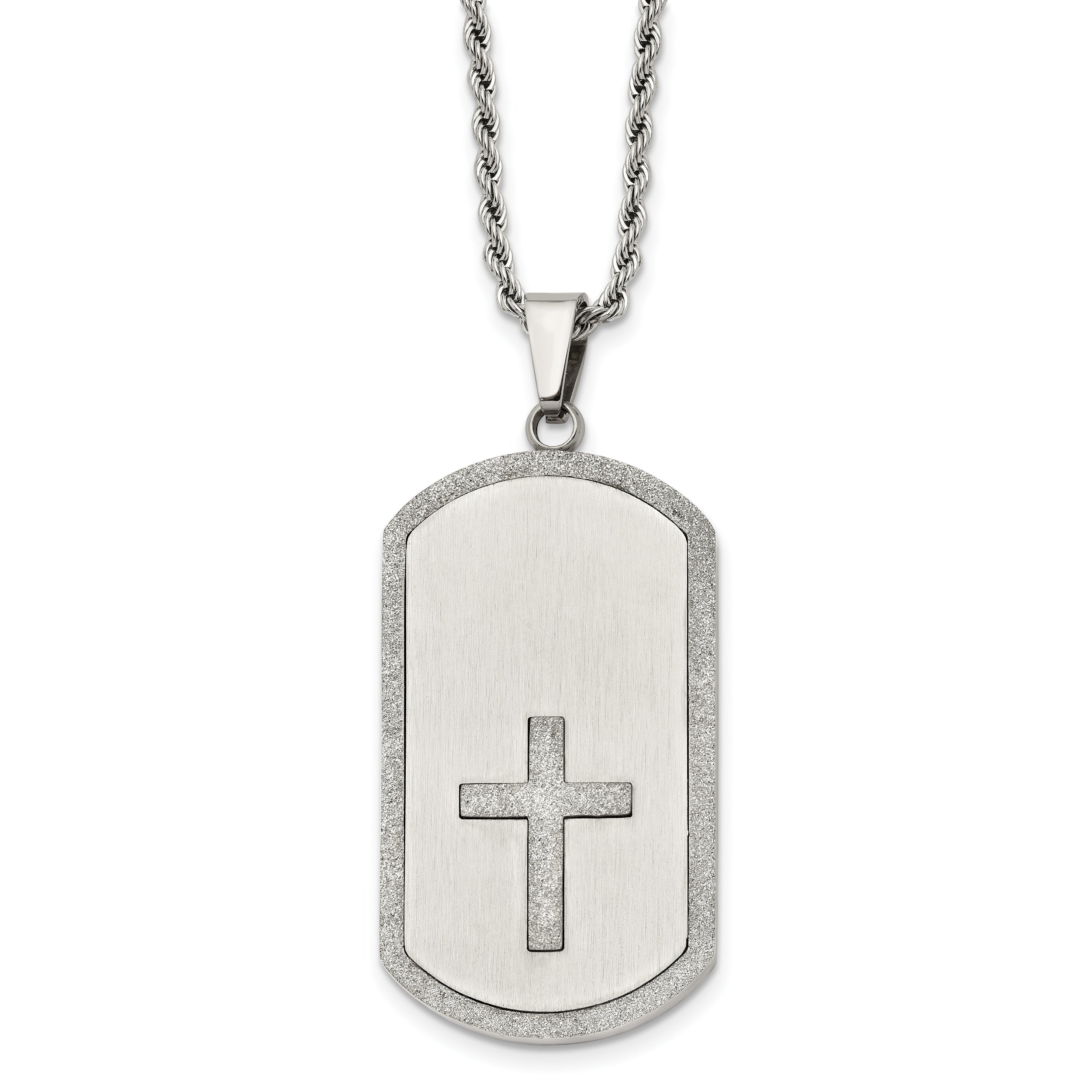 Chisel Stainless Steel Brushed Laser Cut Edges and Cross Dog Tag on a 24 inch Rope Chain Necklace