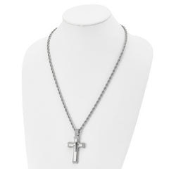 Chisel Stainless Steel Brushed and Polished Triple Layer Cross Pendant on a 24 inch Rope Chain Necklace