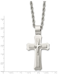 Chisel Stainless Steel Brushed and Polished Triple Layer Cross Pendant on a 24 inch Rope Chain Necklace