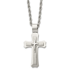 Chisel Stainless Steel Brushed and Polished Triple Layer Cross Pendant on a 24 inch Rope Chain Necklace