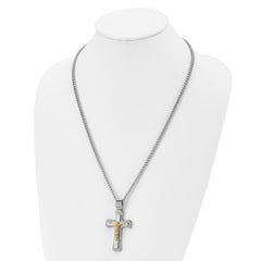 Chisel Stainless Steel Brushed and Polished Yellow IP-plated Crucifix Pendant on a 24 inch Curb Chain Necklace