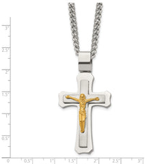 Chisel Stainless Steel Brushed and Polished Yellow IP-plated Crucifix Pendant on a 24 inch Curb Chain Necklace