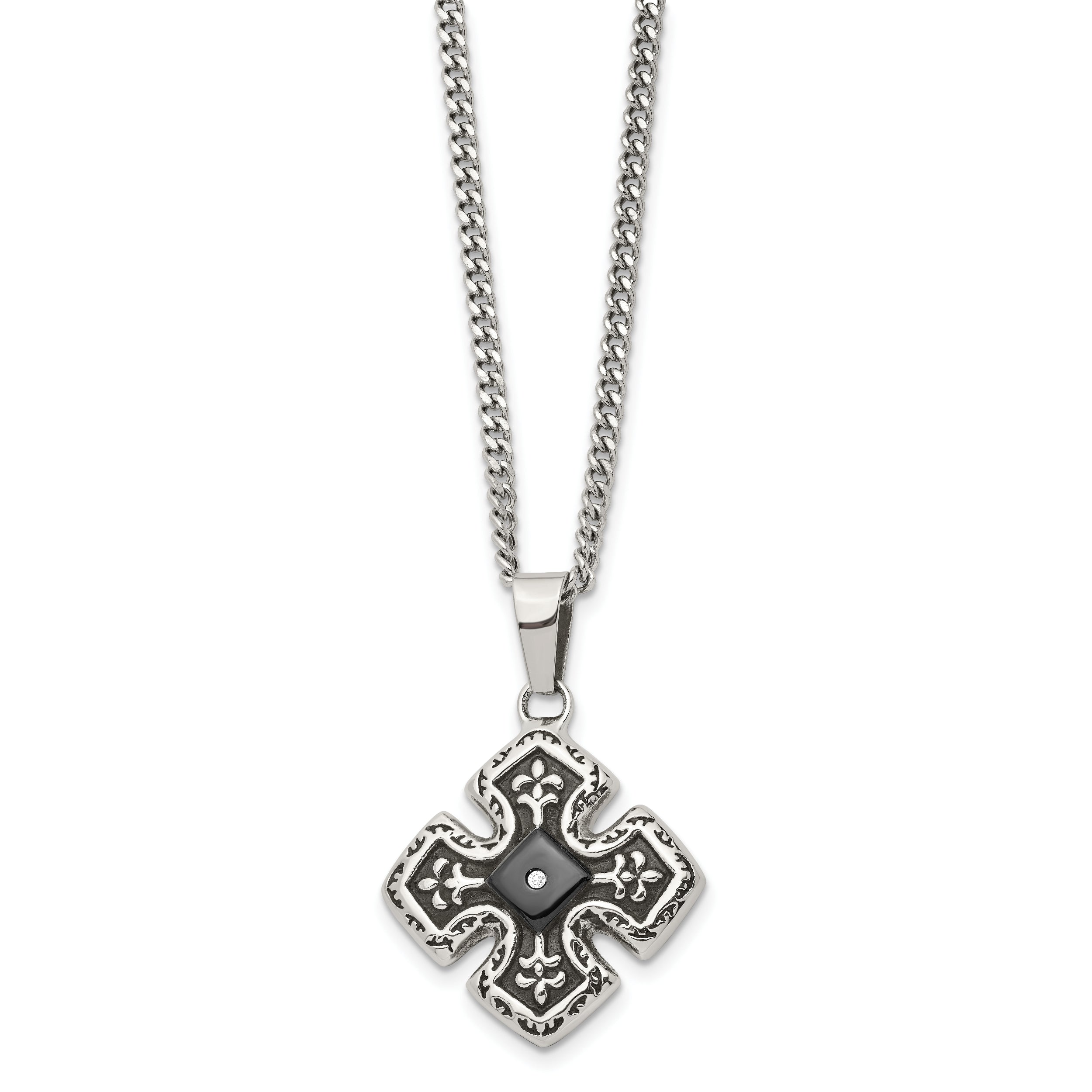 Chisel Stainless Steel Polished Black IP-plated with CZ Celtic Cross Pendant on a 20 inch Curb Chain Necklace