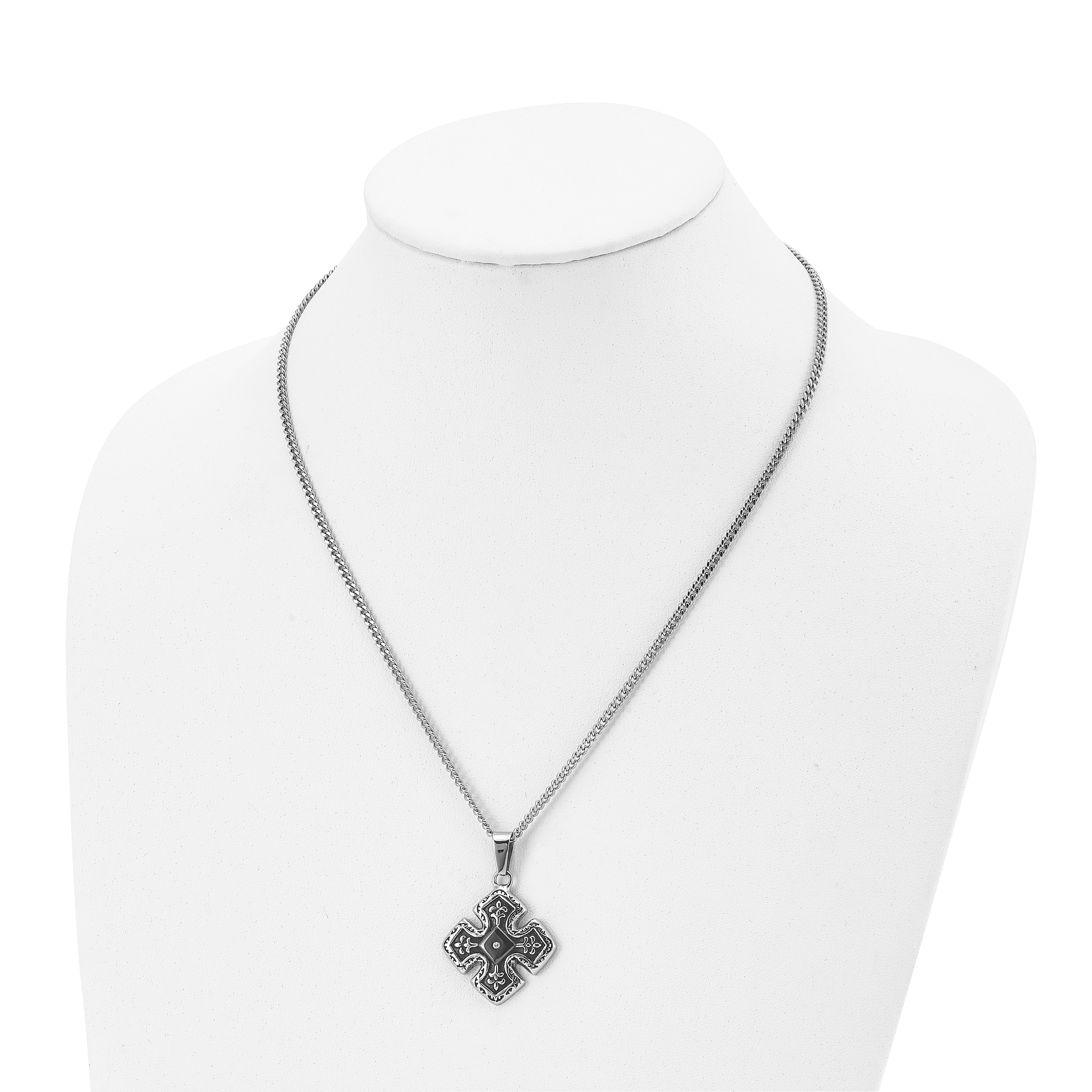 Chisel Stainless Steel Polished Black IP-plated with CZ Celtic Cross Pendant on a 20 inch Curb Chain Necklace