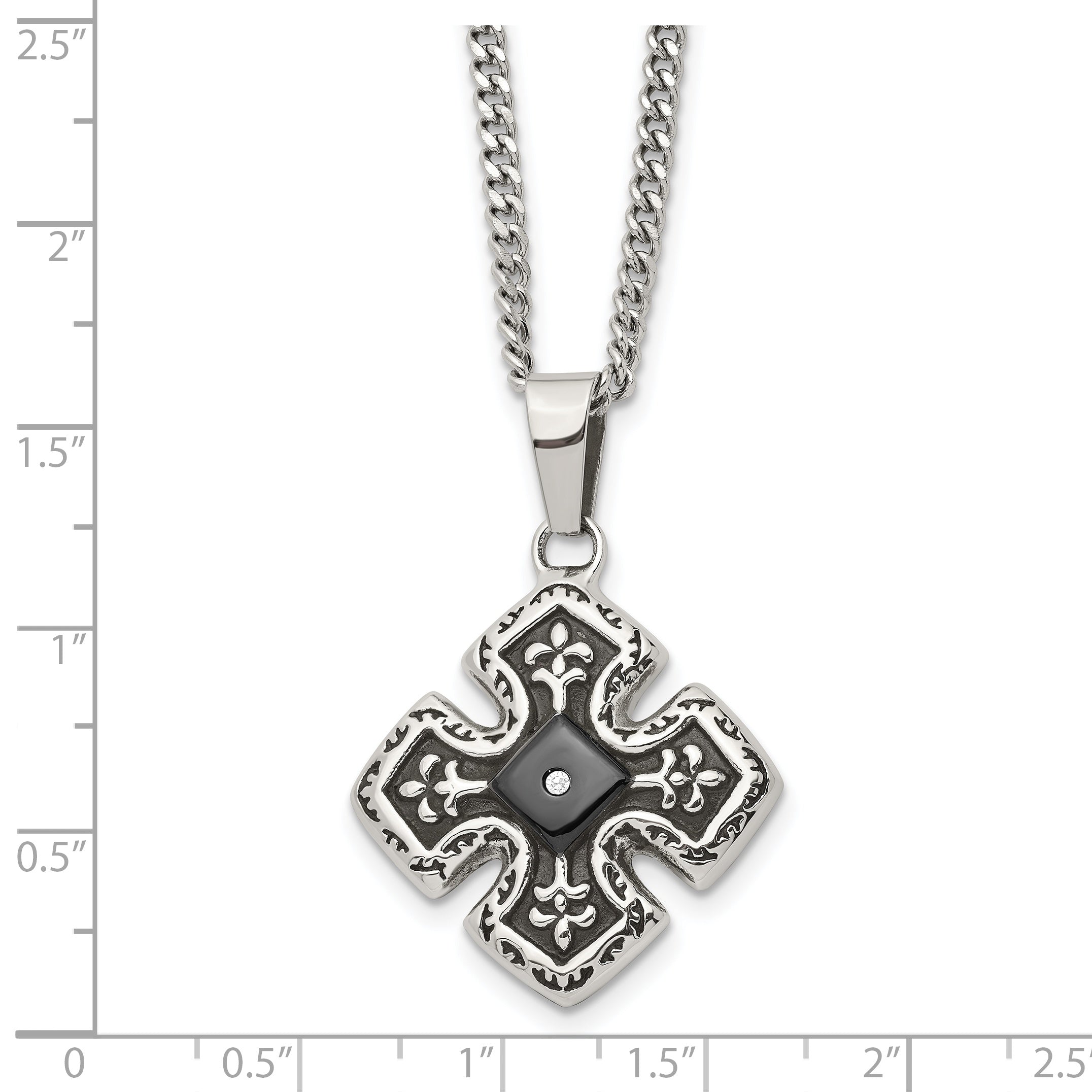 Chisel Stainless Steel Polished Black IP-plated with CZ Celtic Cross Pendant on a 20 inch Curb Chain Necklace