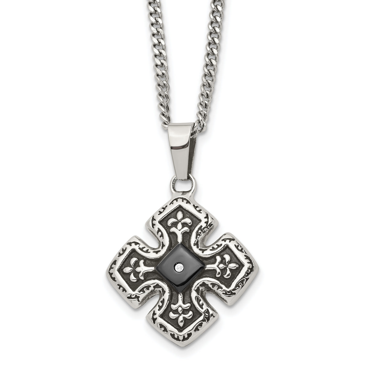 Chisel Stainless Steel Polished Black IP-plated with CZ Celtic Cross Pendant on a 20 inch Curb Chain Necklace