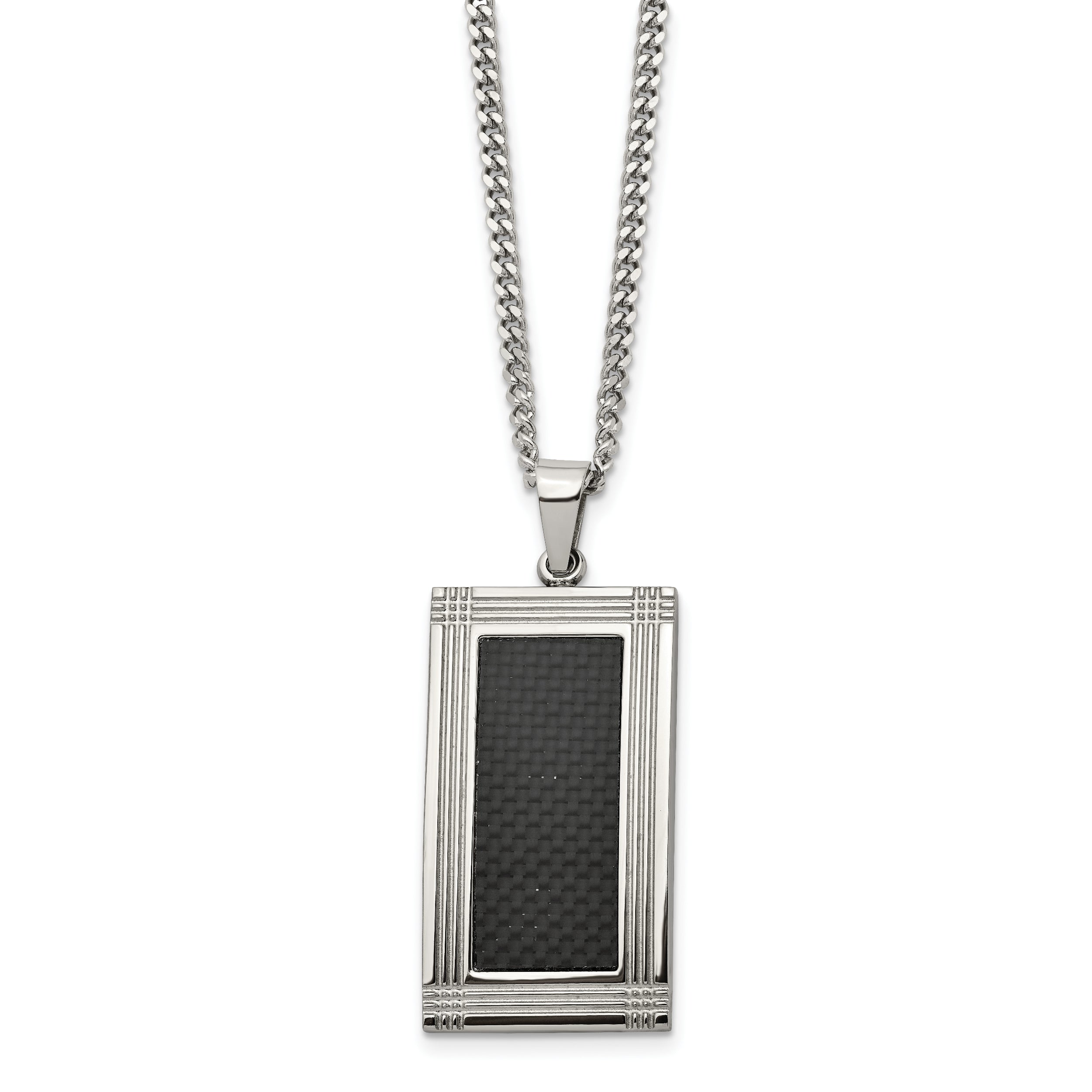 Chisel Stainless Steel Polished Grooved Black Carbon Fiber Inlay Rectangle Dog Tag on a 24 inch Curb Chain Necklace