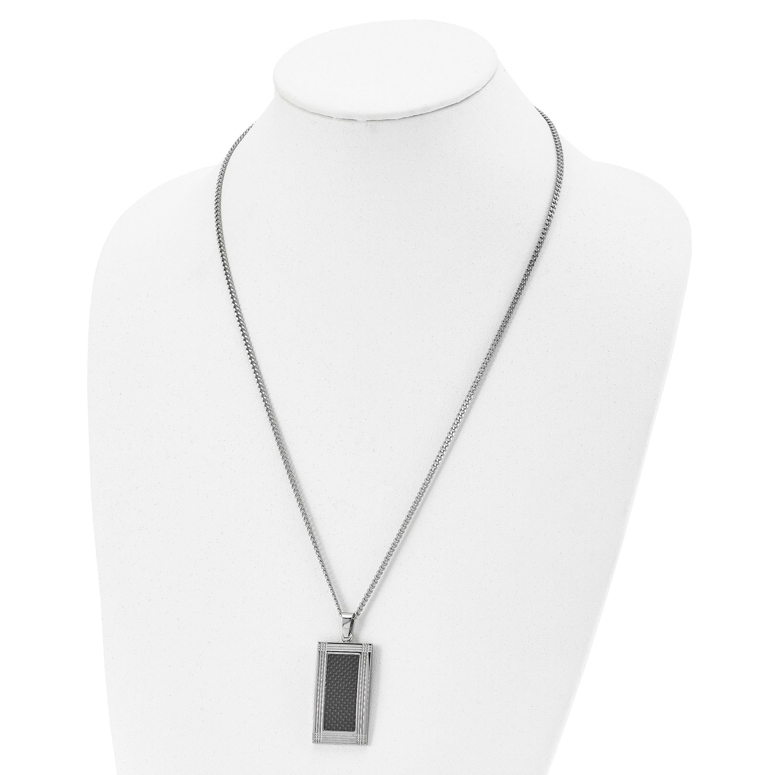 Chisel Stainless Steel Polished Grooved Black Carbon Fiber Inlay Rectangle Dog Tag on a 24 inch Curb Chain Necklace