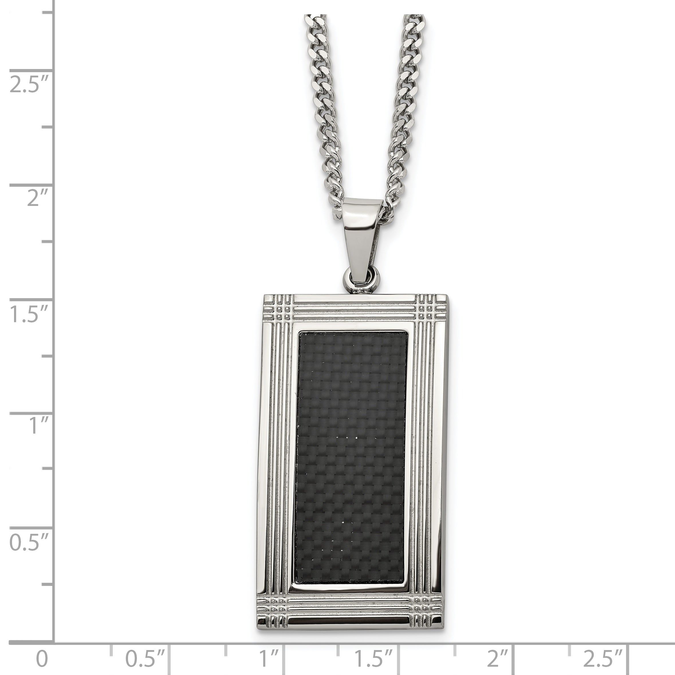 Chisel Stainless Steel Polished Grooved Black Carbon Fiber Inlay Rectangle Dog Tag on a 24 inch Curb Chain Necklace