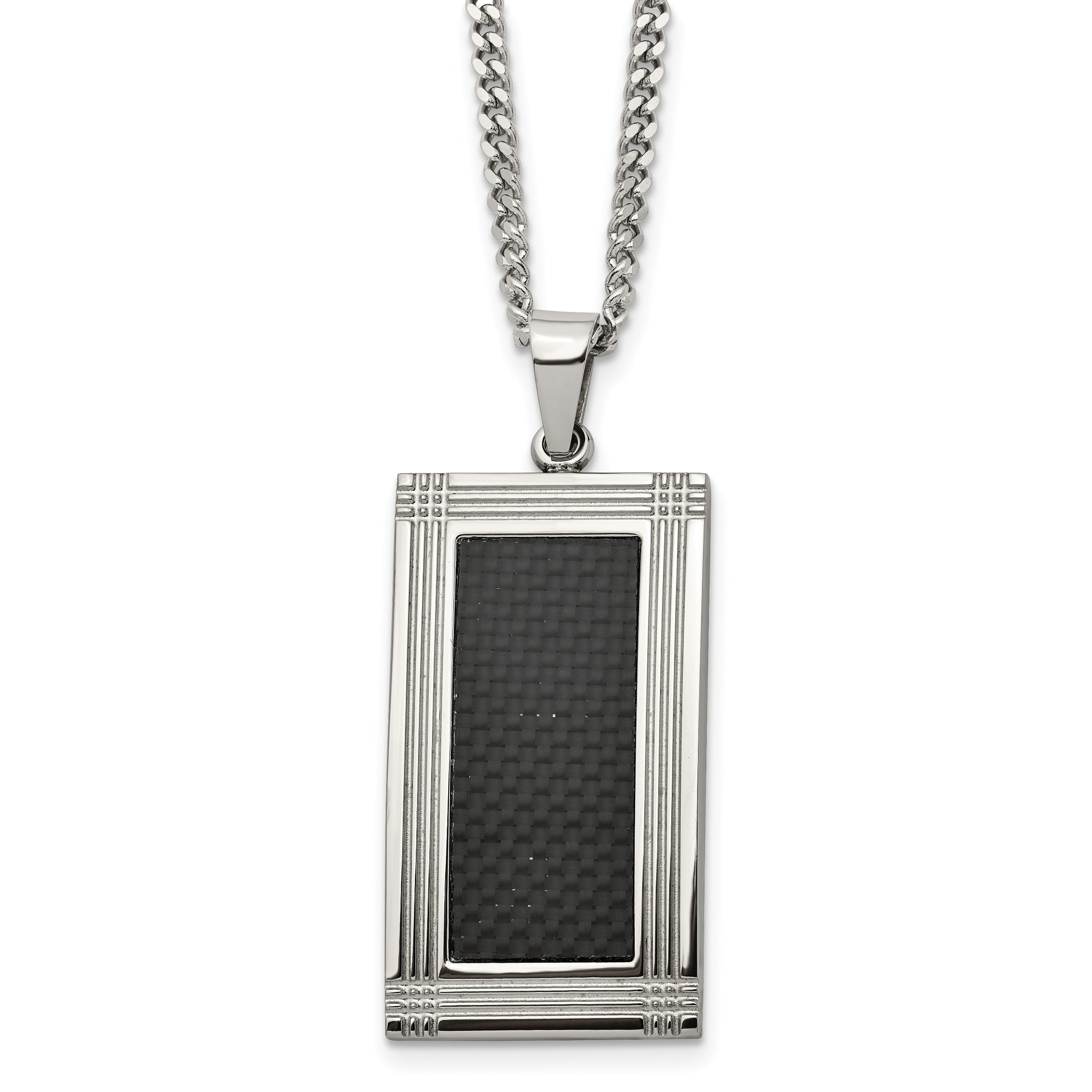 Chisel Stainless Steel Polished Grooved Black Carbon Fiber Inlay Rectangle Dog Tag on a 24 inch Curb Chain Necklace