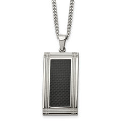 Chisel Stainless Steel Polished Grooved Black Carbon Fiber Inlay Rectangle Dog Tag on a 24 inch Curb Chain Necklace