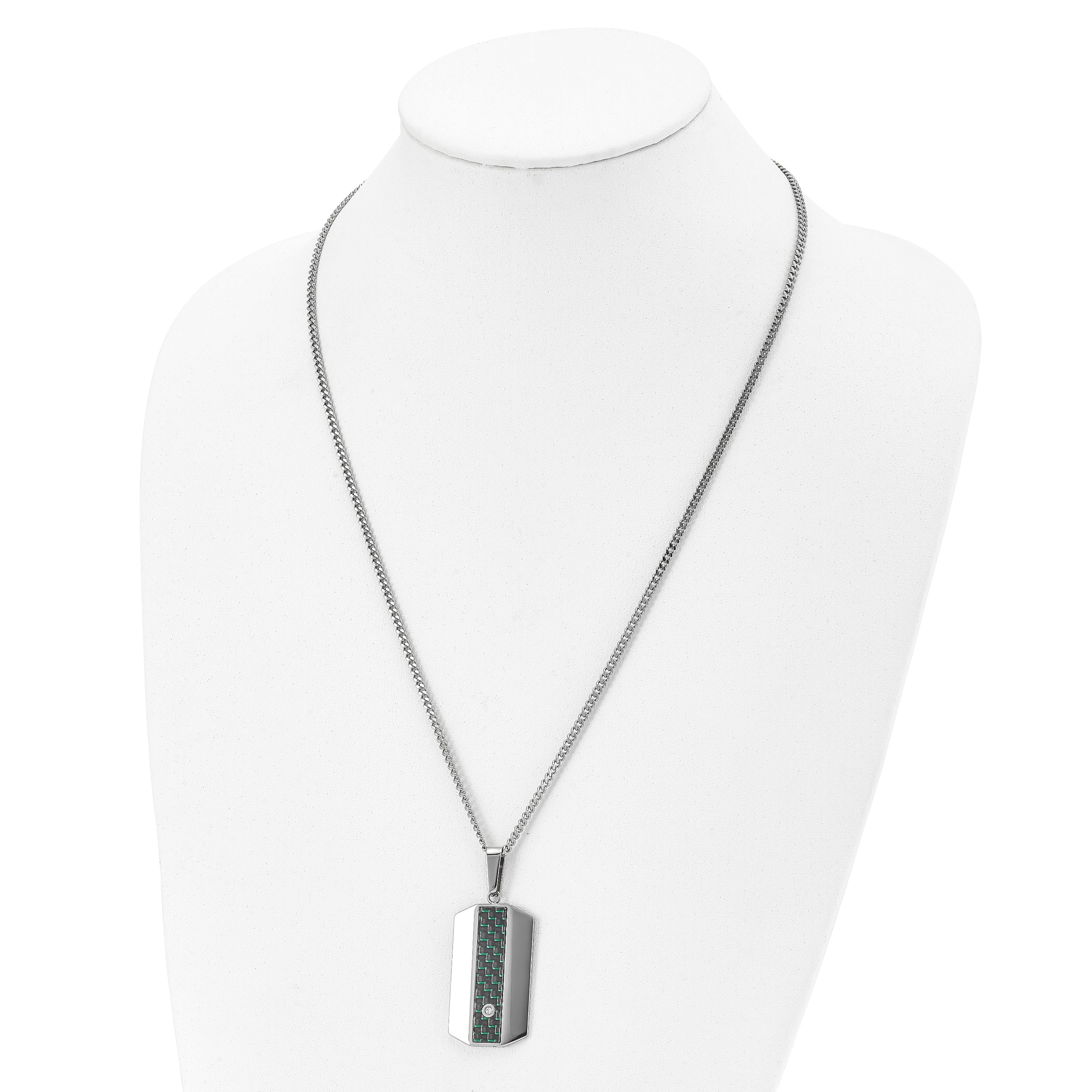 Chisel Stainless Steel Polished with Black and Green Carbon Fiber Inlay and CZ Dog Tag on a 24 inch Curb Chain Necklace