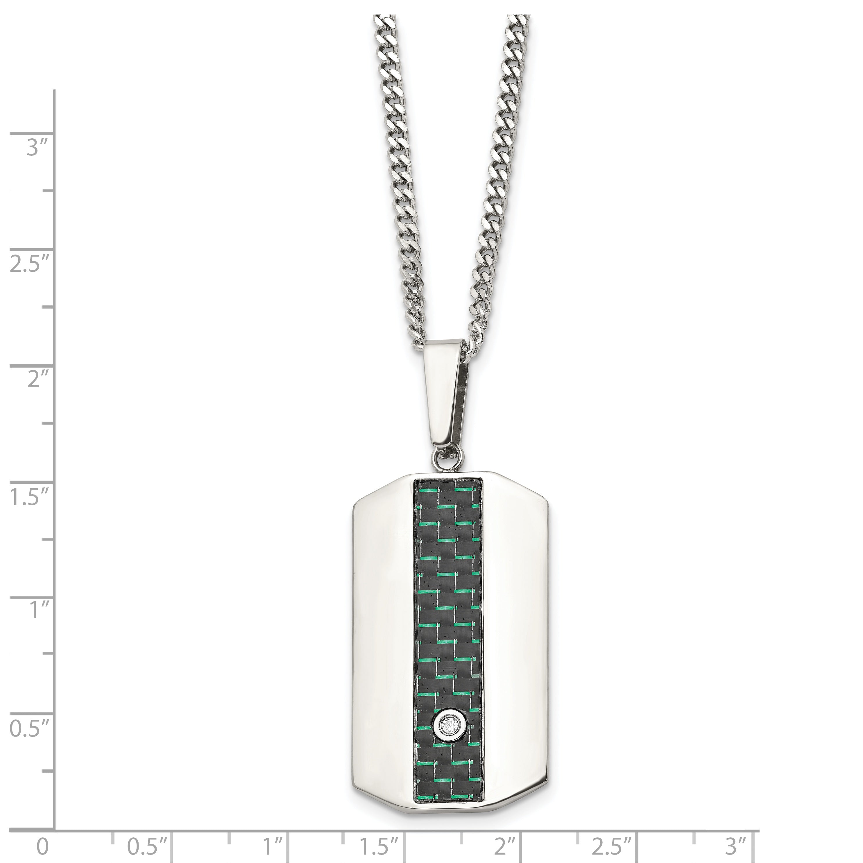 Chisel Stainless Steel Polished with Black and Green Carbon Fiber Inlay and CZ Dog Tag on a 24 inch Curb Chain Necklace