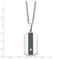 Chisel Stainless Steel Polished with Black and Green Carbon Fiber Inlay and CZ Dog Tag on a 24 inch Curb Chain Necklace