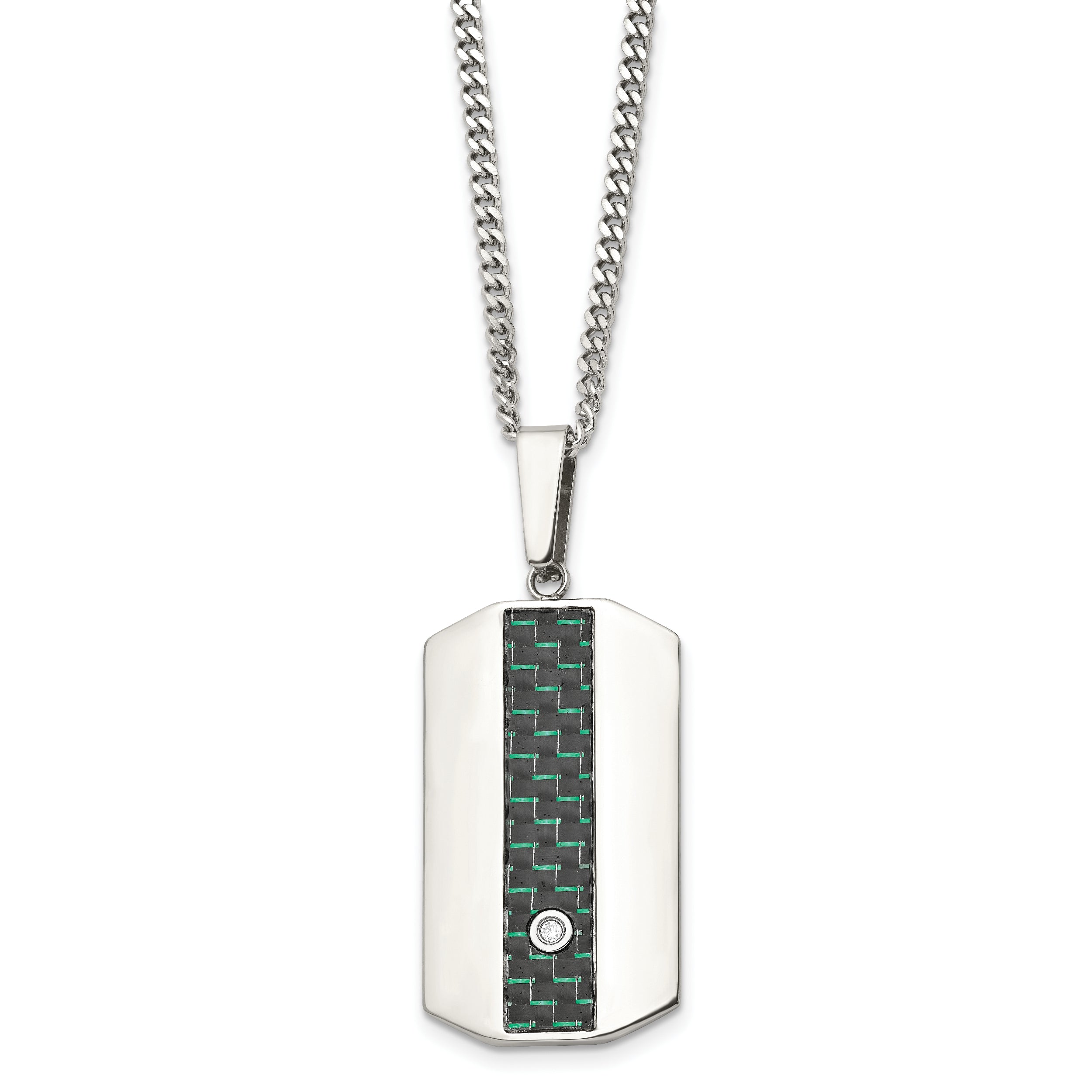 Chisel Stainless Steel Polished with Black and Green Carbon Fiber Inlay and CZ Dog Tag on a 24 inch Curb Chain Necklace